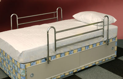 A 3-D illustration of a hospital bed or nursing home bed with bed rails up. 