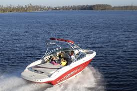 Small engine-driven boat driving on a lake with trees in the distance